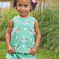 Little English traditional children's clothing.  Green and pink two piece set with golf cart print for baby girls.