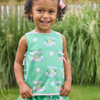 Little English traditional children's clothing.  Green and pink two piece set with golf cart print for baby girls.