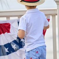 Little English traditional children's clothing.  Blue gingham shorts with all-over American flag embroidery for boys.  Boy's shorts for 4th of July.