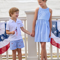 Little English traditional children's clothing.  Blue gingham shorts with all-over American flag embroidery for boys.  Boy's shorts for 4th of July.