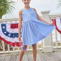 Little English traditional children's clothing.  Royal blue mini gingham sleeveless dress with white ricrac trim and bow tie in back for little girls