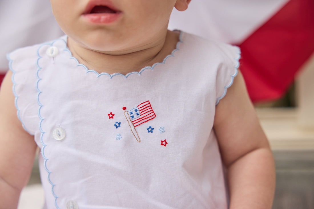 Little English classic Davis day set with flag motif on chest and buttons down front  right side, unisex set for baby 