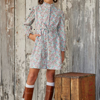 Little English tween girl classic blue red and pink floral knee length dress with bow sash waist and ruffled collar 
