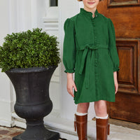 Little English classic childrens clothing tween girls hunter green corduroy dress with sash and ruffled placket and collar