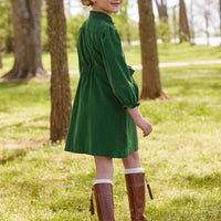Little English classic childrens clothing tween girls hunter green corduroy dress with sash and ruffled placket and collar