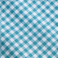Little English traditional children's clothing. Aqua blue and white Alpine Gingham fabric swatch