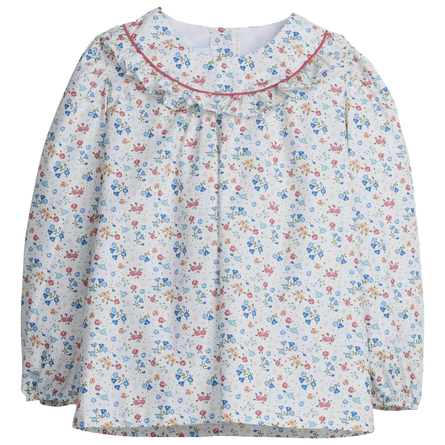 little english classic childrens clothing girls white floral blouse with pink piping and ruffles at collar