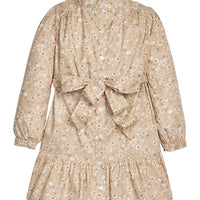 Little English traditional children's clothing.  Long sleeve khaki floral shirt dress with tie sash for older girls