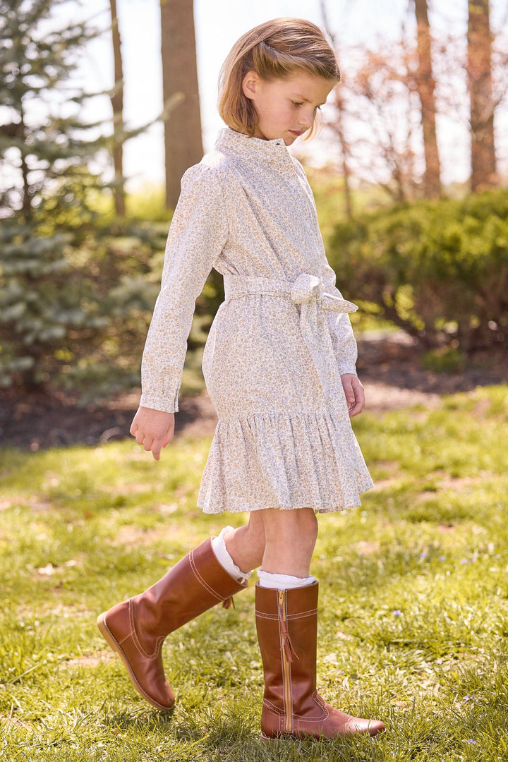 Little English traditional kids clothes, classic cream floral long sleeve dress with high collar and tie waist for girls