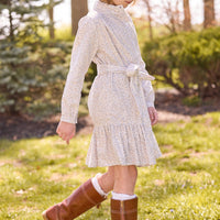 Little English traditional kids clothes, classic cream floral long sleeve dress with high collar and tie waist for girls