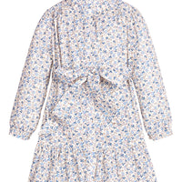 Little English traditional children's clothing. Long sleeve blue, brown, and cream floral shirt dress with tie sash for older girls.