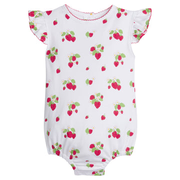 Little English baby girl's knit bubble for spring, playwear strawberry printed outfit with red picot trim and angel sleeves