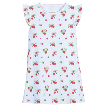 Little English classic children's clothing, girl's ruffle sleeve dress with printed strawberry motif and red picot trim