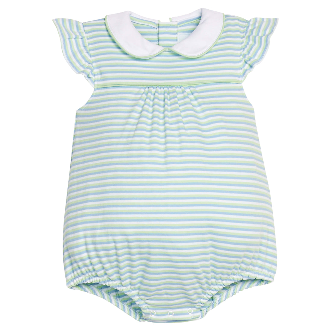 Little English classic knit bubble in green, blue and white greenview stripe with a peter pan collar and angel sleeves for baby girl