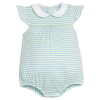 Little English classic knit bubble in green, blue and white greenview stripe with a peter pan collar and angel sleeves for baby girl