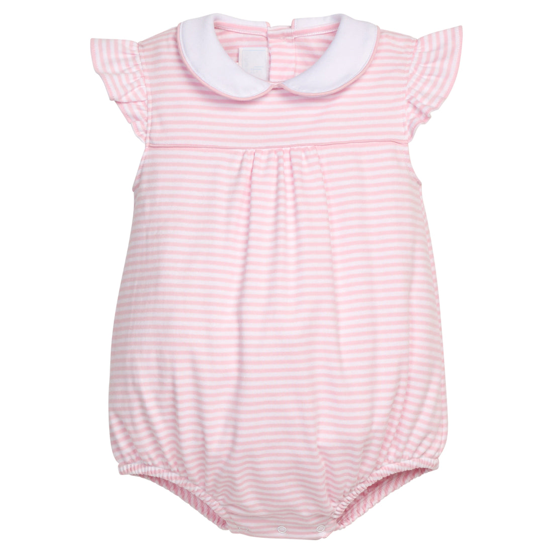 Little English classic knit bubble in light pink stripe with a peter pan collar and flutter sleeves for baby girl
