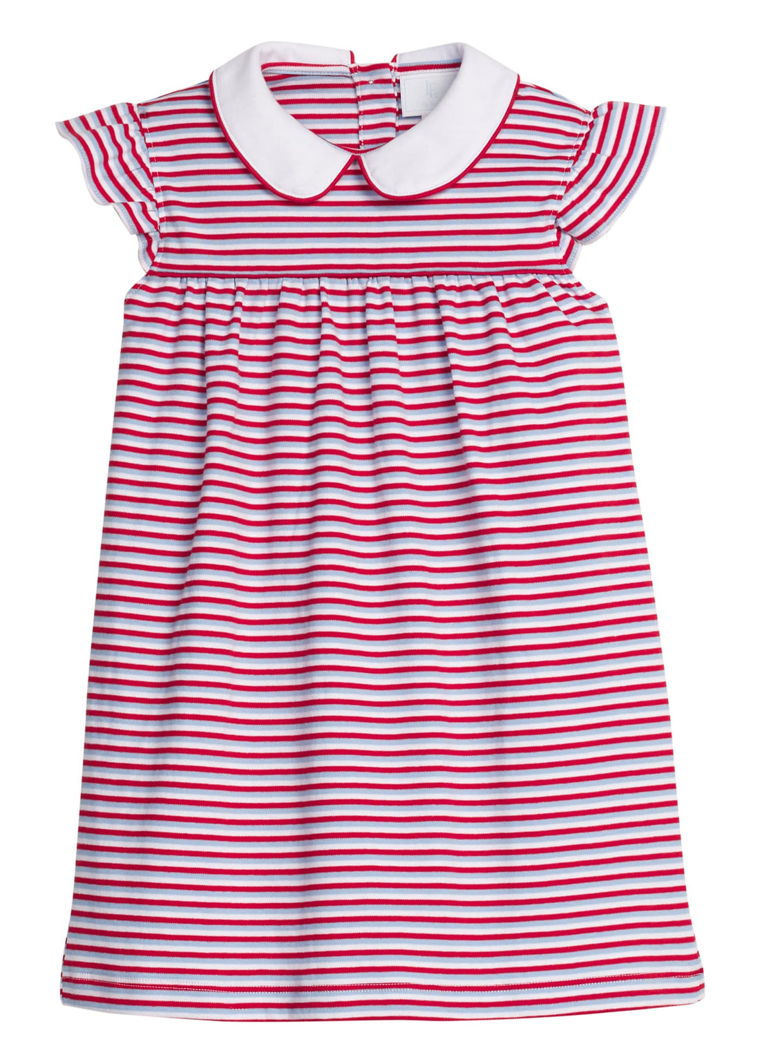 Little English classic knit dress in red, white, and blue americana stripe with a peter pan collar and flutter sleeves for little girl
