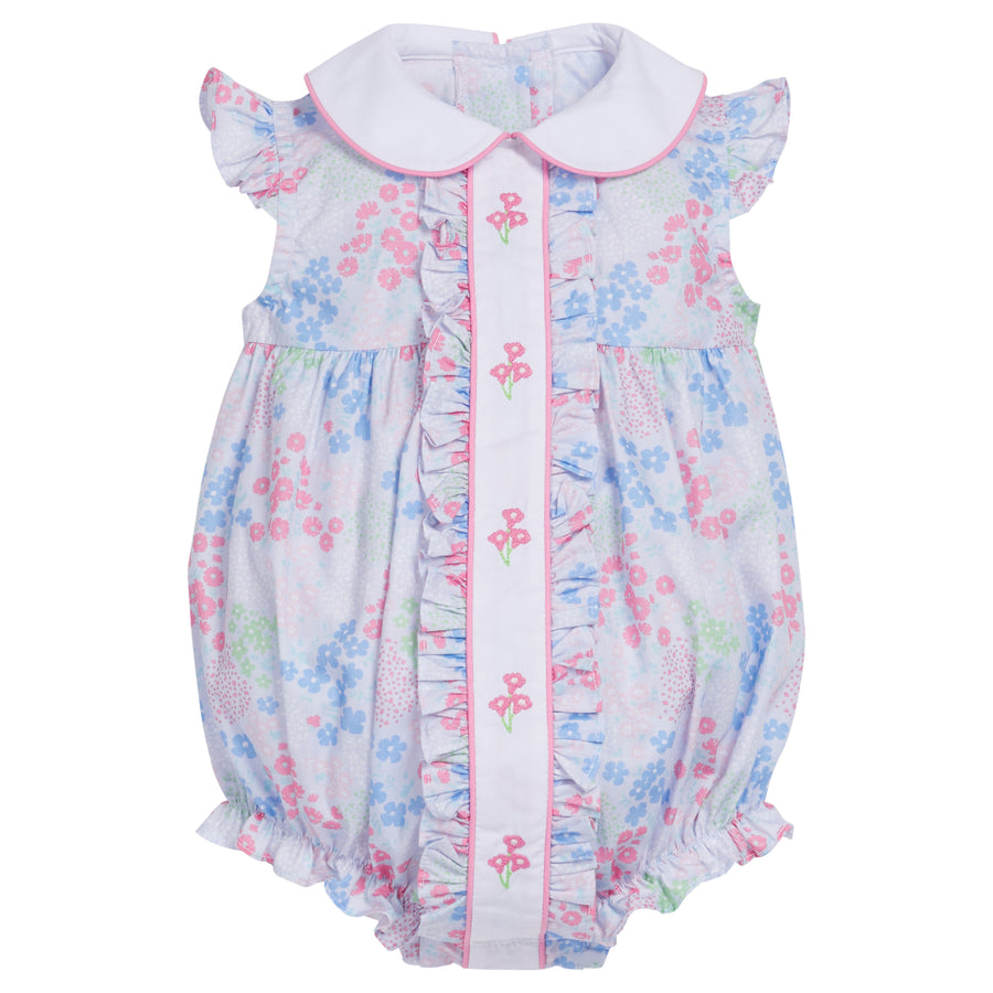 Little English traditional children's clothing.  Ruffled floral bubble for baby girl for Spring.