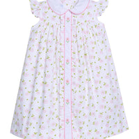 Little English traditional children's clothing.  Pink and green Meriwether Floral dress for little girls with white peter pan collar and placket with pink floral embroidery.