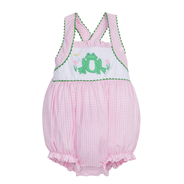 Little English traditional children's clothing, baby girl's classic light pink gingham bubble for Spring with green scallop trim and frog applique