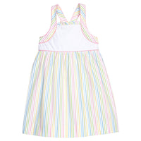 Little English traditional children's clothing. Rainbow stripe seersucker dress for toddler girl's for Spring.
