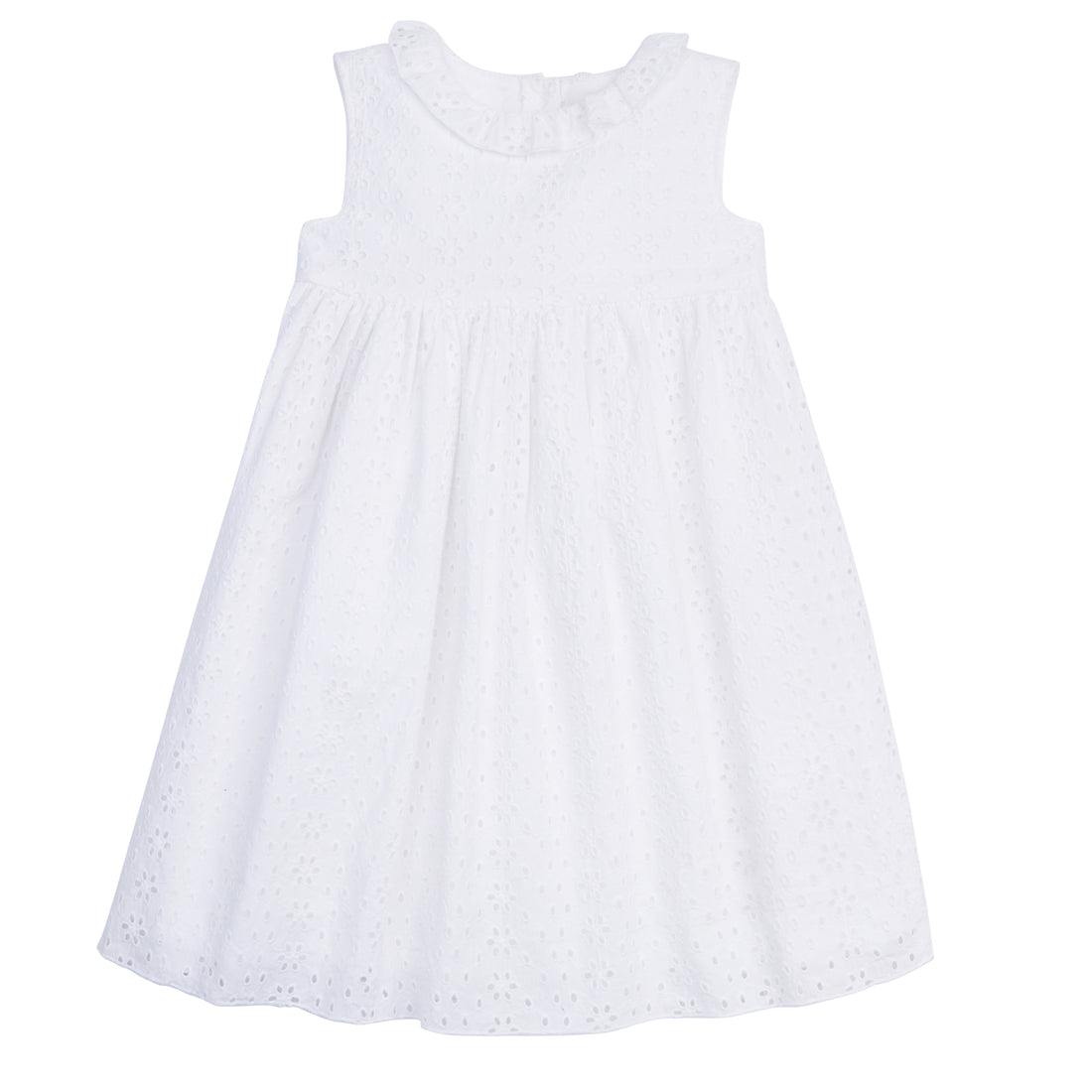 classic childrens clothing girls sundress with ruffle neck line in eyelet material