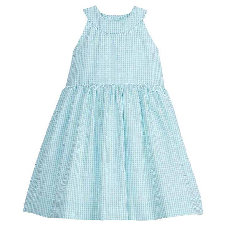 Little English classic girl's dress, aqua gingham spring halter dress for older girls, woven dress with keyhole detail in back
