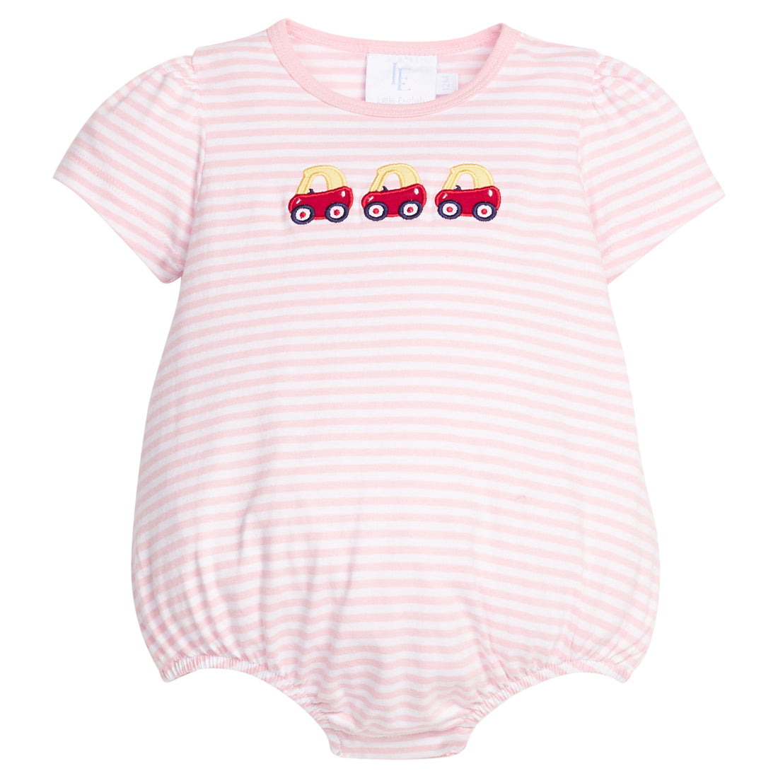 Little English classic knit bubble in light pink stripe with toy car applique for baby girl