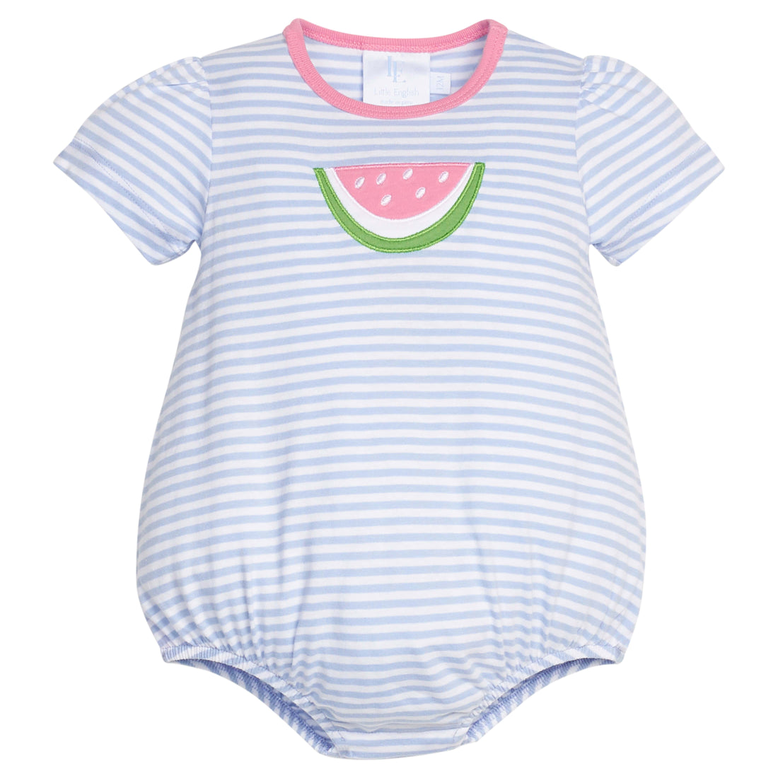 Little English classic knit bubble in light blue stripe with watermelon applique for baby girl