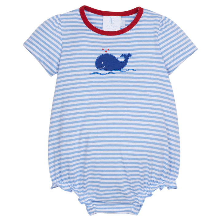 Little English classic children’s clothing, baby's light blue short-sleeve striped bubble with red at the collar and applique blue whale