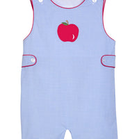 Little English traditional children's clothing. Royal blue gingham john john with red piping and button tabs for toddler boys