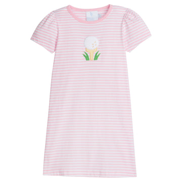 Little English classic children’s clothing, girls light pink short-sleeve striped dress with red at the collar and a white applique golf ball and yellow tee