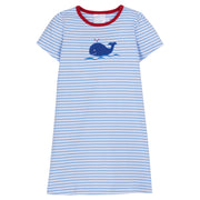 Little English classic children’s clothing, girls light blue short-sleeve striped dress with red at the collar and a blue applique whale