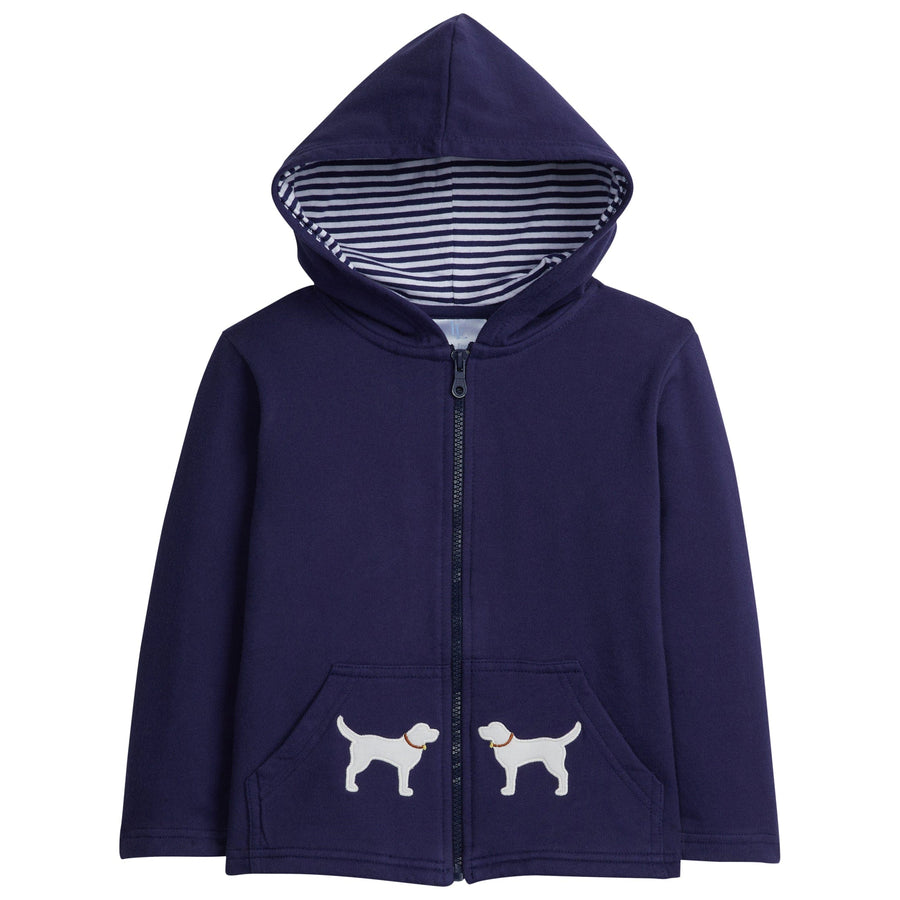 little english classic childrens clothing boys navy hoodie with applique labs on pockets