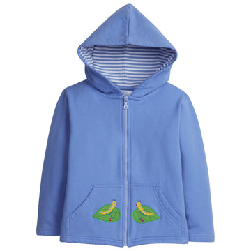 little english classic childrens clothing boys light blue hoodie with applique caterpillars on pocket