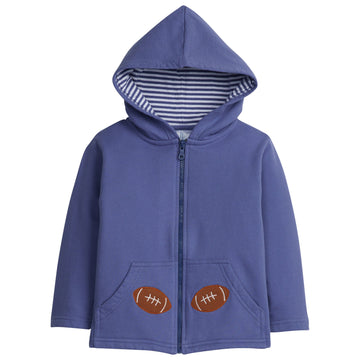 Little English classic childrens clothing toddler boys dark blue zip up hoodie with applique footballs on pockets