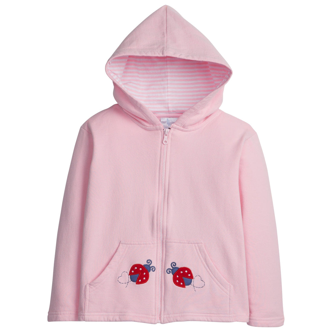 little english classic childrens clothing girls pink zip up hoodie with applique lady bugs on pockets