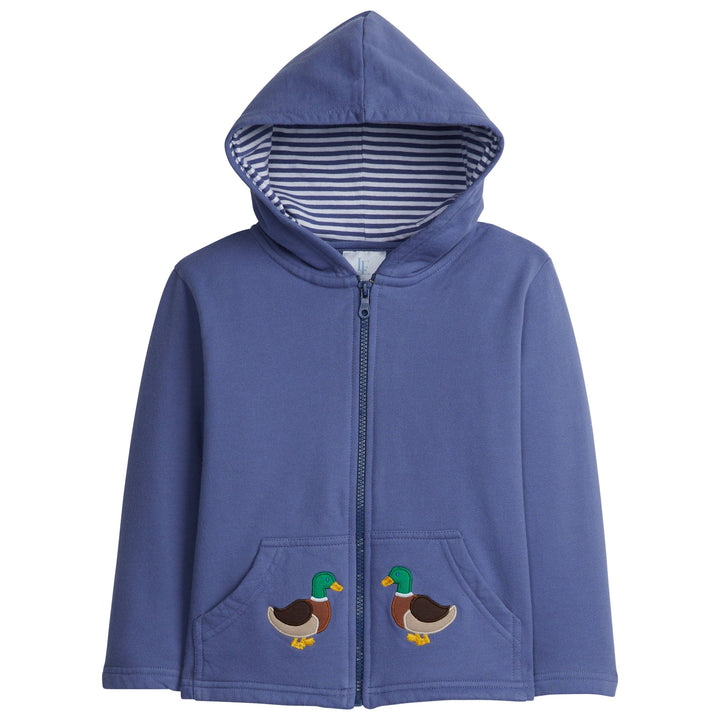 little english classic childrens clothing boys dark blue zip up hoodie with applique mallards on pocket