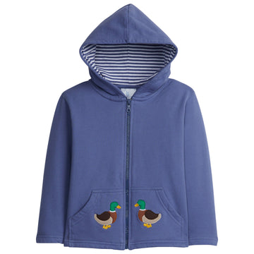 little english classic childrens clothing boys dark blue zip up hoodie with applique mallards on pocket