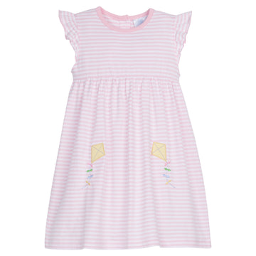 Little English classic children’s clothing, girl's light pink striped dress with ruffle sleeves and two yellow applique kites, play dress for Spring