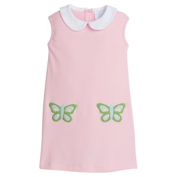 Little English traditional children's clothing, girl's light pink sleeveless knit dress for Spring with peter pan collar and two applique butterflies