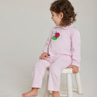 little english classic baby girl pink striped romper with applique lady bug and peter pan collar