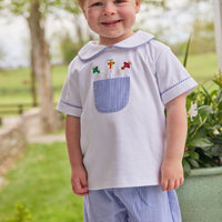 Little English traditional children's clothing, boy's classic shortset for Summer, peter pan collar top with blue check piping and pocket and embroidered airplanes, blue check pull on shorts
