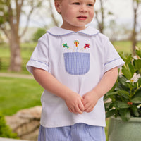 Little English traditional children's clothing, boy's classic shortset for Summer, peter pan collar top with blue check piping and pocket and embroidered airplanes, blue check pull on shorts