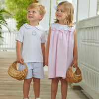 Little English classic children's clothing, boy's shirt and seersucker short set with Easter egg applique on shirt