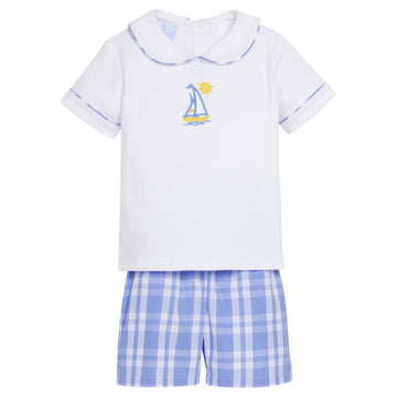 Little English traditional children's clothing. White peter pan shirt with blue and yellow applique sailboat and blue and white plaid shorts for toddler boy.  Applique peter pan shirt and plaid short set for Spring.