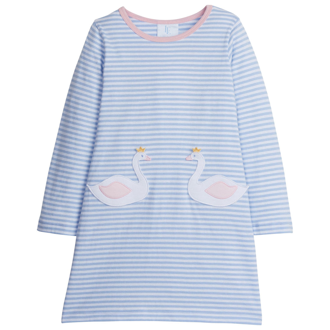 little english classic childrens clothing girls light blue and white striped dress with applique swan pockets 