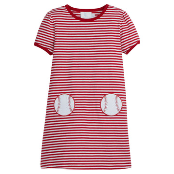 Little English traditional children's clothing, girl's casual red and white stripe t-shirt dress for Summer with applique baseball pockets 