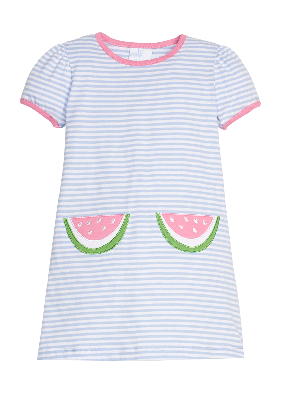 Little English classic T-shirt dress in light blue stripe with watermelon applique pockets, for little girl 