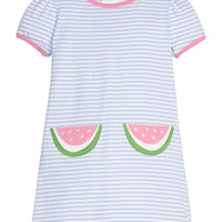 Little English classic T-shirt dress in light blue stripe with watermelon applique pockets, for little girl 